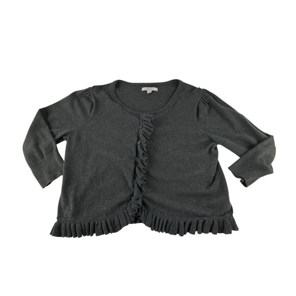 GH Bass & Co Black Ruffle Trim Cardigan M 3/4 Sleeve Knit Sweater Whimsygoth - Picture 1 of 7